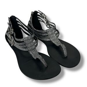 SCHUTZ Silver Leather Sandals Size 5 Post Toe Buckle Shoes